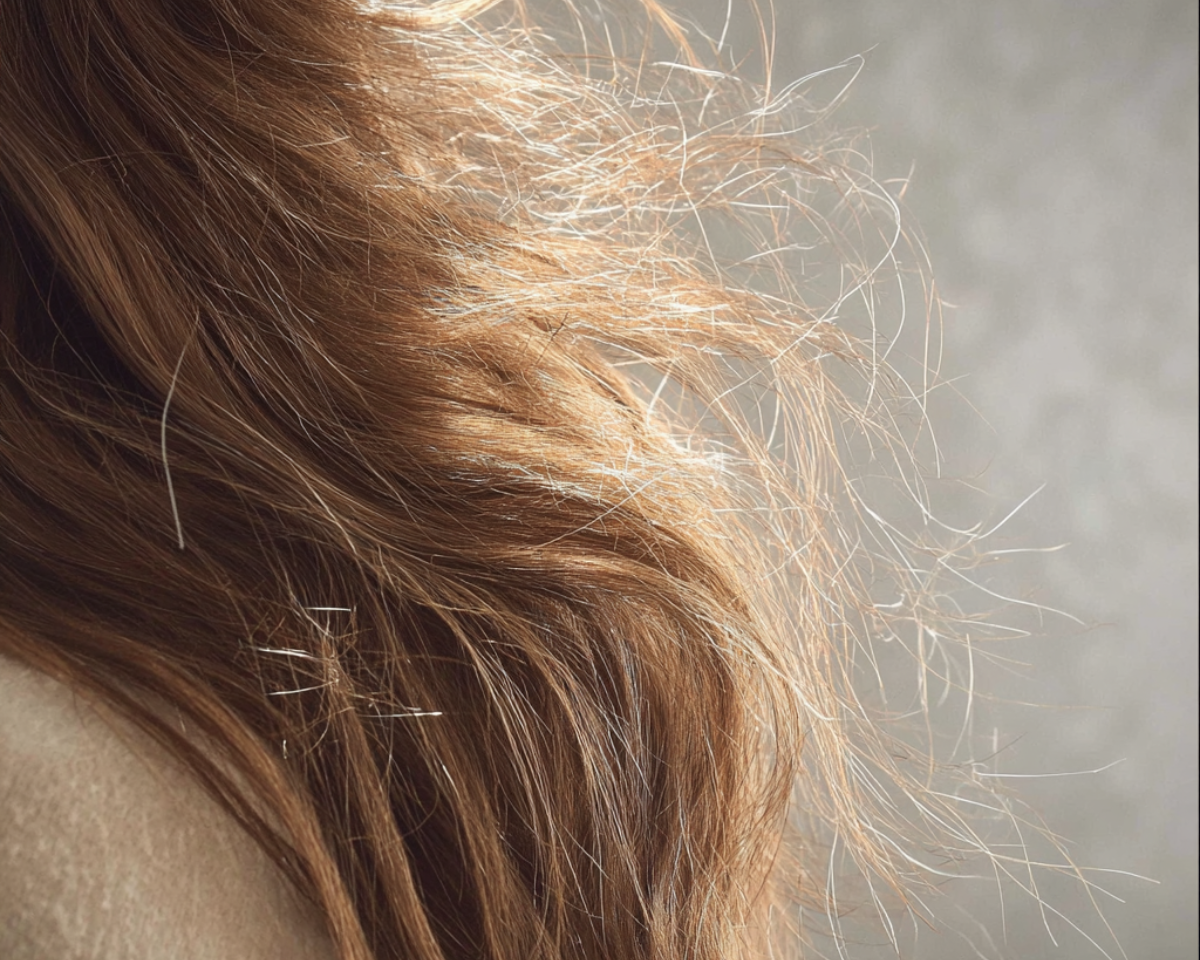 Statiskt och frissigt hår med flygiga hårstrån i närbild, visar tydligt problemet med elektriskt hår som uppstår vid torr luft