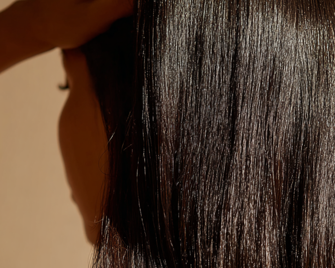 Kvinna stimulerar hårbotten för att minska håravfall och främja hårväxt naturligt.