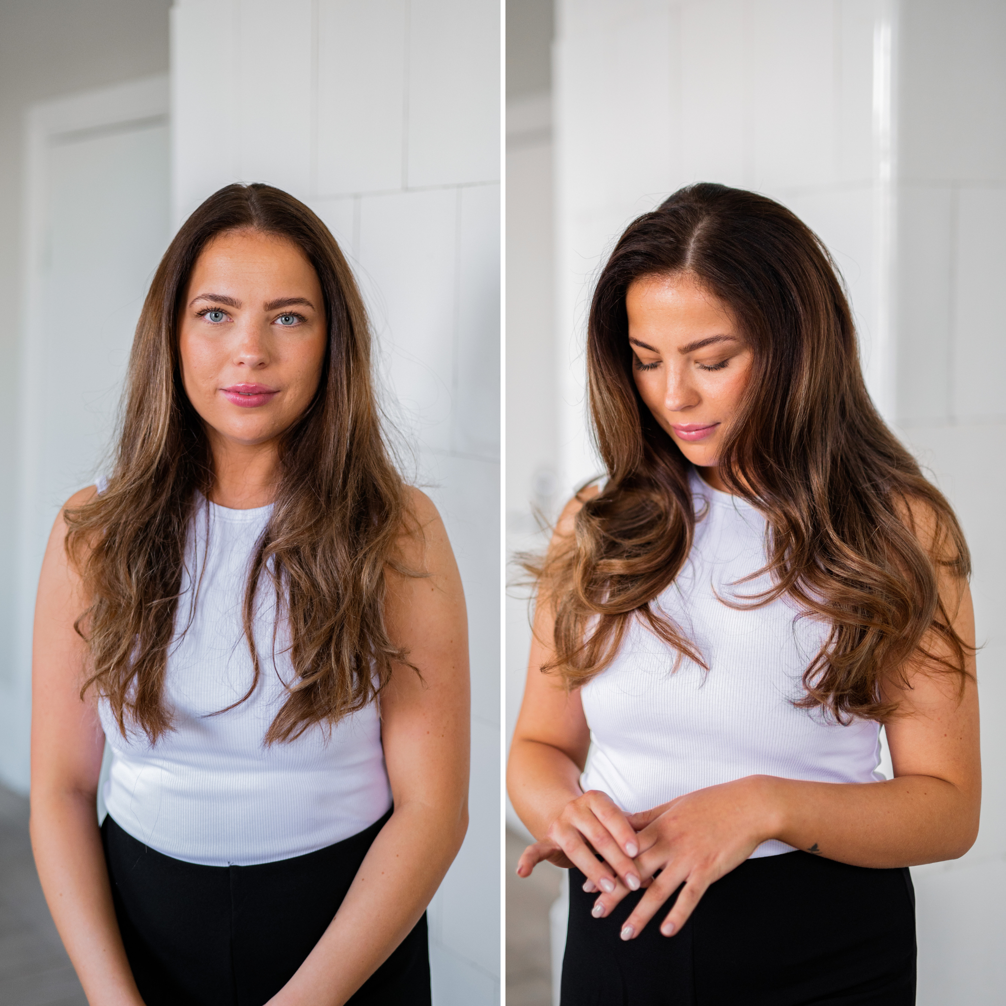 Your Curl Wand - från Molimenti.Två bilder av samma kvinna som visar håret stylat med Your Curl Wand från Molimenti i olika vinklar. Lockarna är mjuka, glansiga och definierade, med en naturlig volym som framhävs från både fram och sidovinkel.