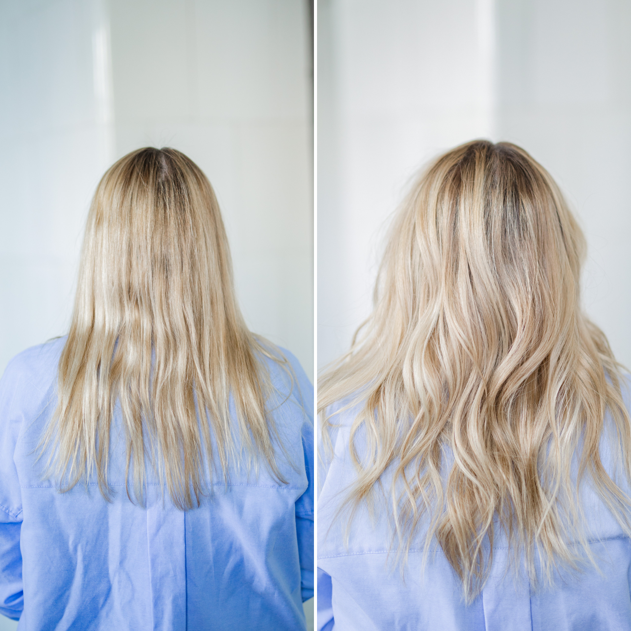 Your Curl Wand - från Molimenti. Blond kvinna visar upp sitt stylade hår bakifrån efter användning av Your Curl Wand från Molimenti. Håret faller i mjuka, glansiga vågor med naturlig rörelse och volym, fångat i naturligt ljus.