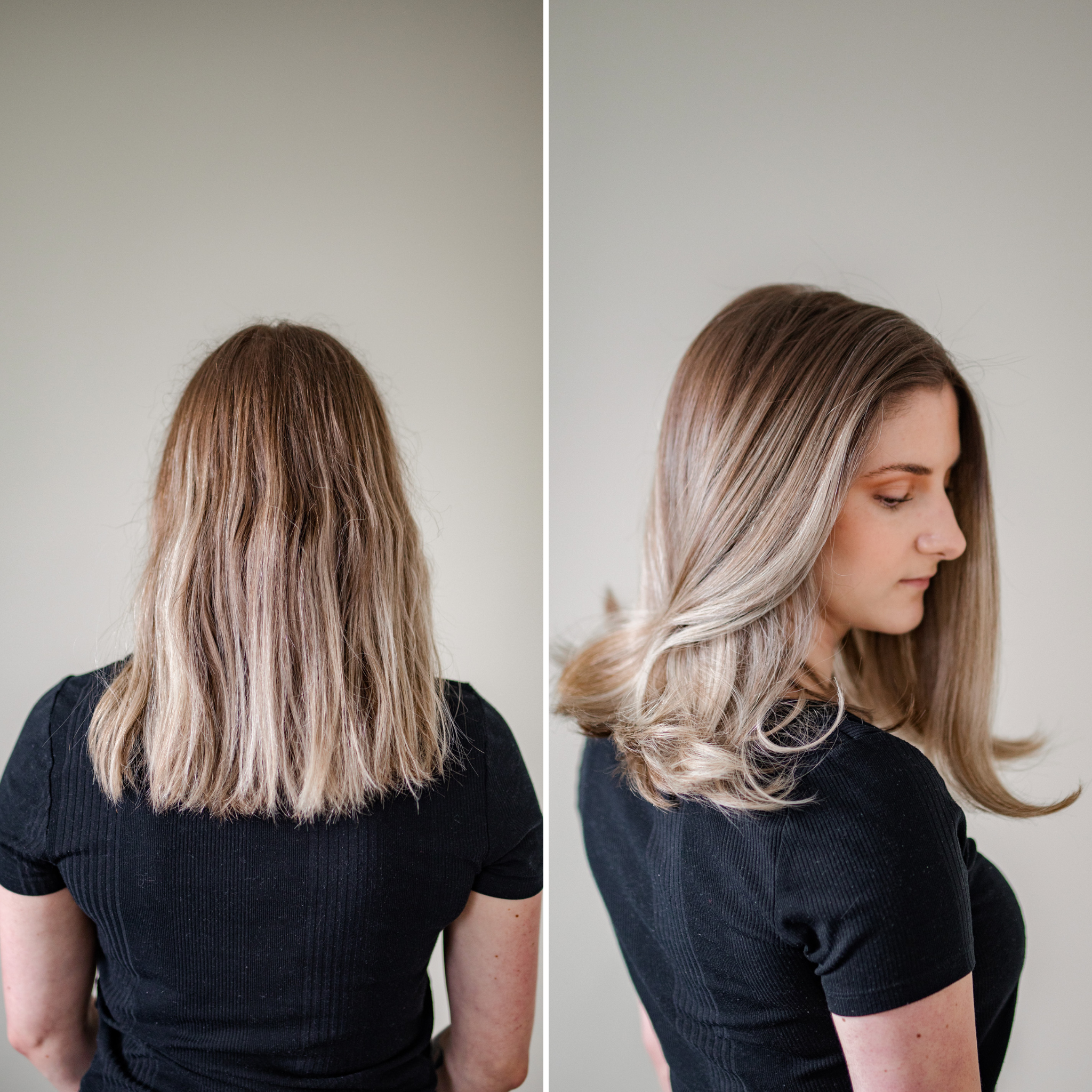 Your Curl Wand - från Molimenti. Före- och efterbild på kallt, askblont hår stylat med Your Curl Wand. Före-bilden visar naturligt rakt hår, medan efter-bilden visar mjuka, glansiga vågor med en sval ton.