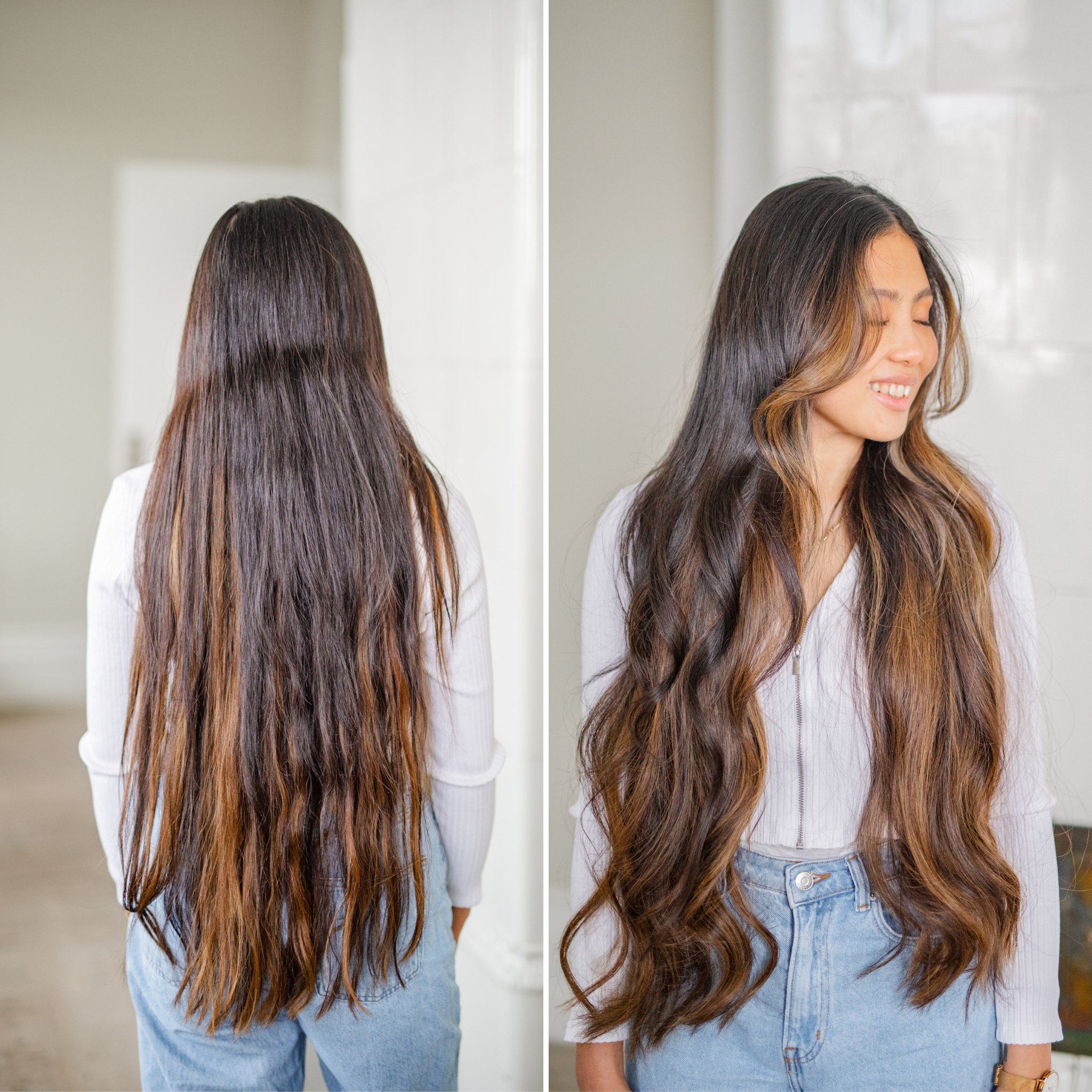 Your Curl Wand från Molimenti. Kvinna med mycket långt och tjockt hår visar upp ett imponerande stylingresultat med Your Curl Wand från Molimenti. Håret är format i stora, glansiga lockar som framhäver hur effektiv tången är även för kraftigt och långt hår.