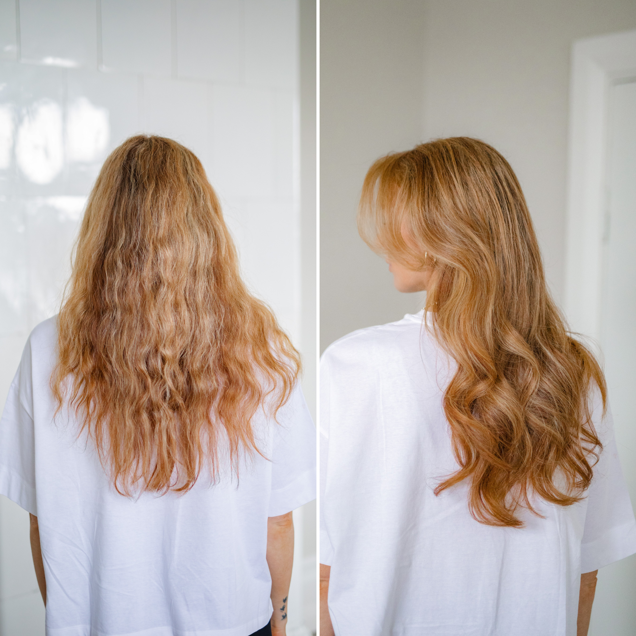 Your Curl Wand från Molimenti. Före- och efterbild på rödhårig kvinna som stylat sitt frissiga hår med Your Curl Wand från Molimenti. Före-bilden visar torrt och frissigt hår, medan efter-bilden visar definierade, glansiga lockar med en jämn och silkeslen finish.