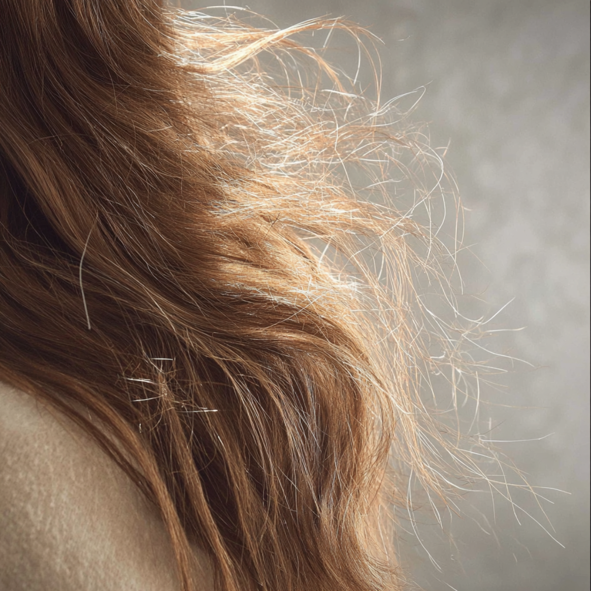 Statiskt och frissigt hår med flygiga hårstrån i närbild, visar tydligt problemet med elektriskt hår som uppstår vid torr luft