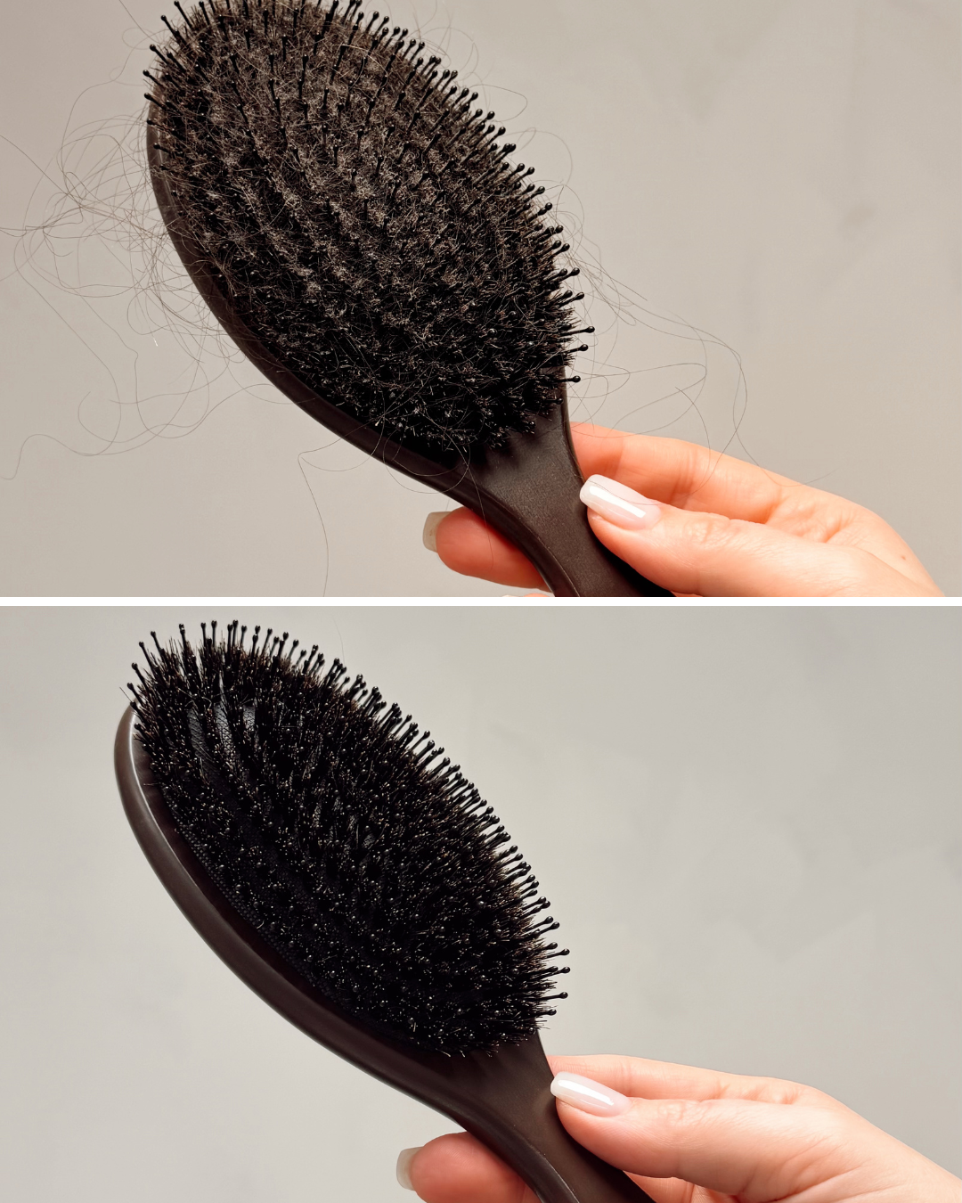 Smutsig och ren hårborste med naturborst och trä före och efter rengöring